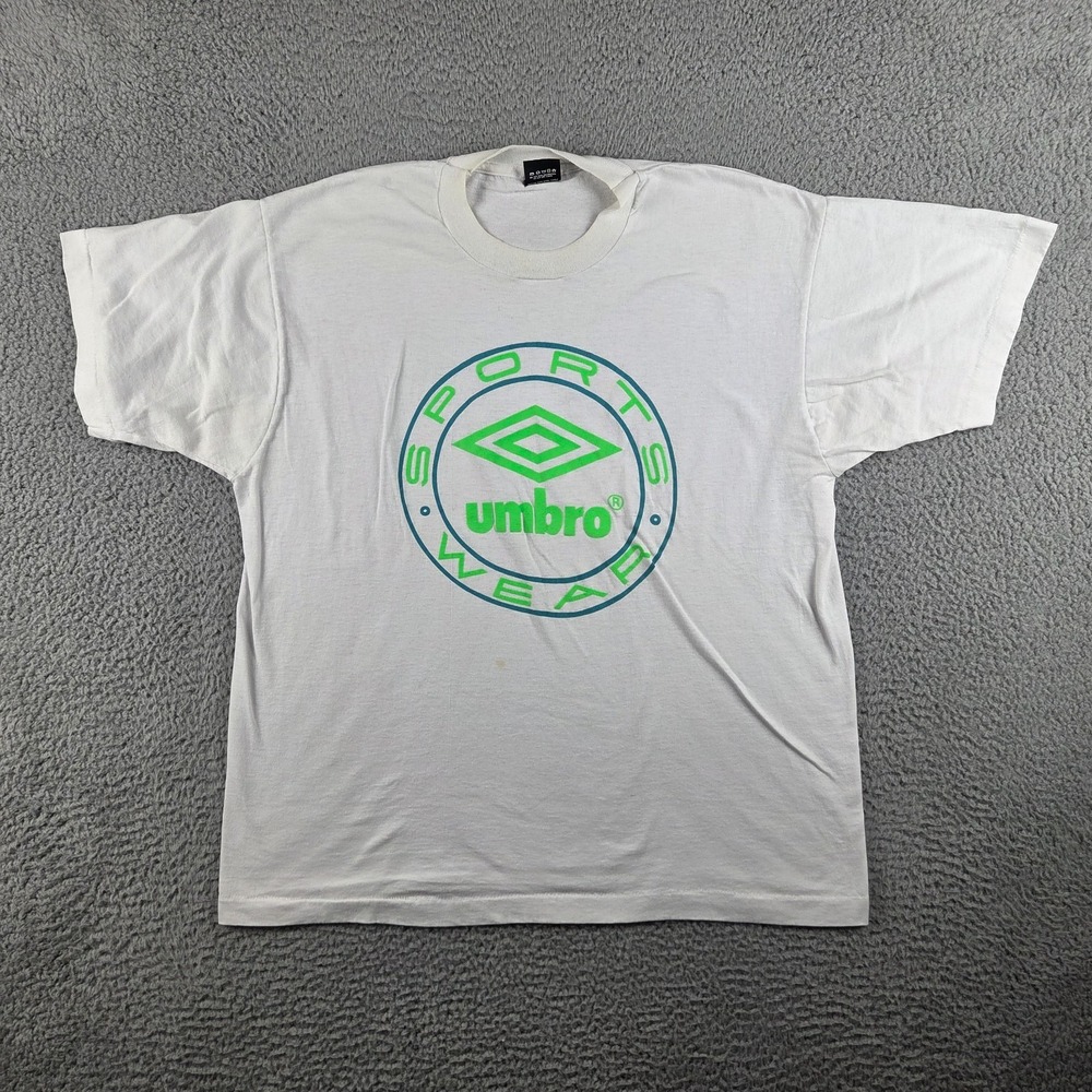 Vintage 90s Umbro Soccer Graphic T Shirt Mens XL White Single Stitch Stains